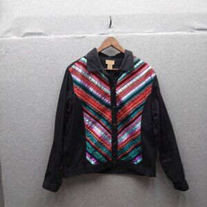 Choices Multicolor Embroidered Black Denim Jacket Button-Up Long Sleeve Womens M